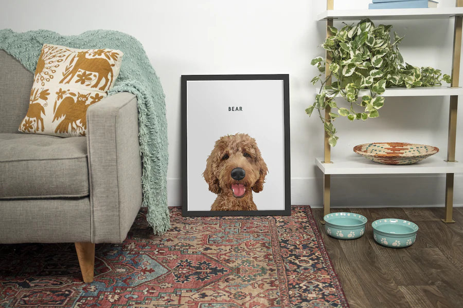 Portrait d'animal personnalisé encadré et posé dans un salon